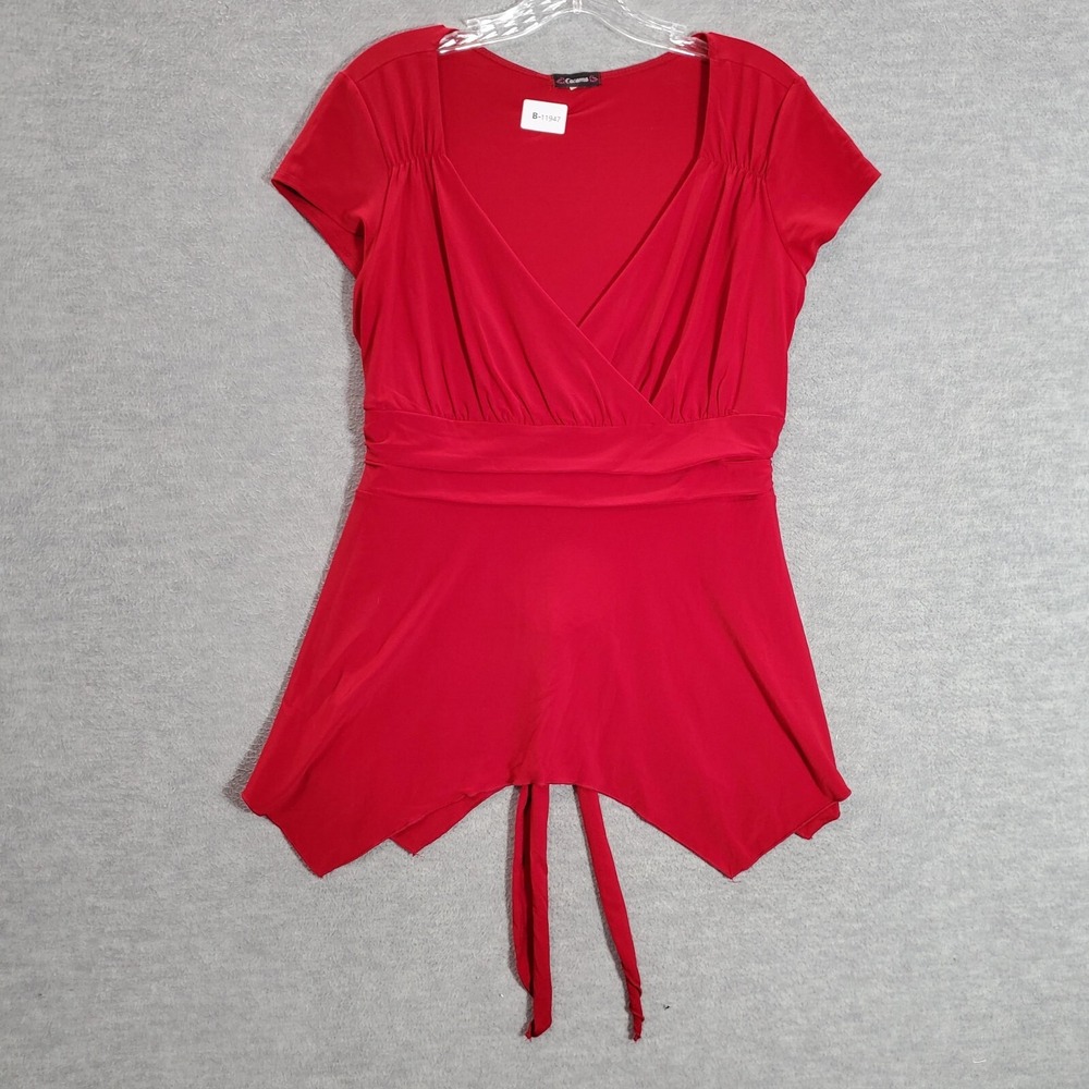 Cocomo Women Top Medium Red Faux Wrap Blouse  Short Sleeve V Neck Waist‎ Tie